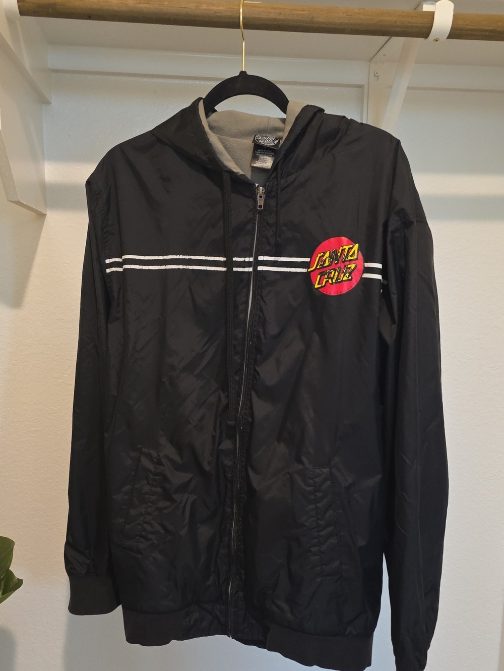 Vintage Santa Cruz Skateboards Black Hooded Windbreaker with Red-Yellow Logo